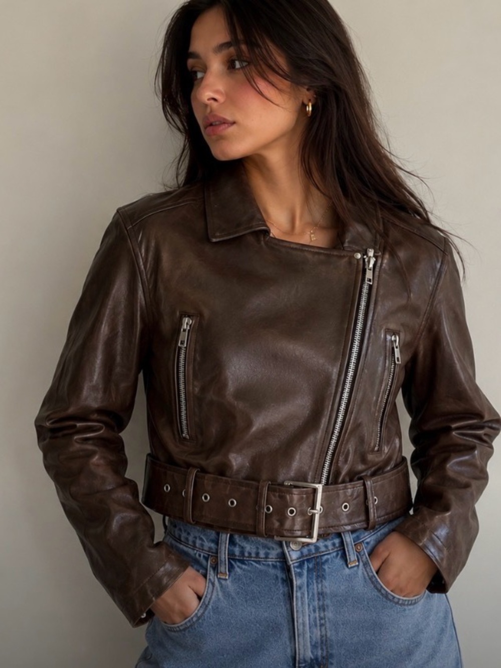 Edit by Nine Cropped Brown Faux Leather Moto Biker Jacket Belted NWT